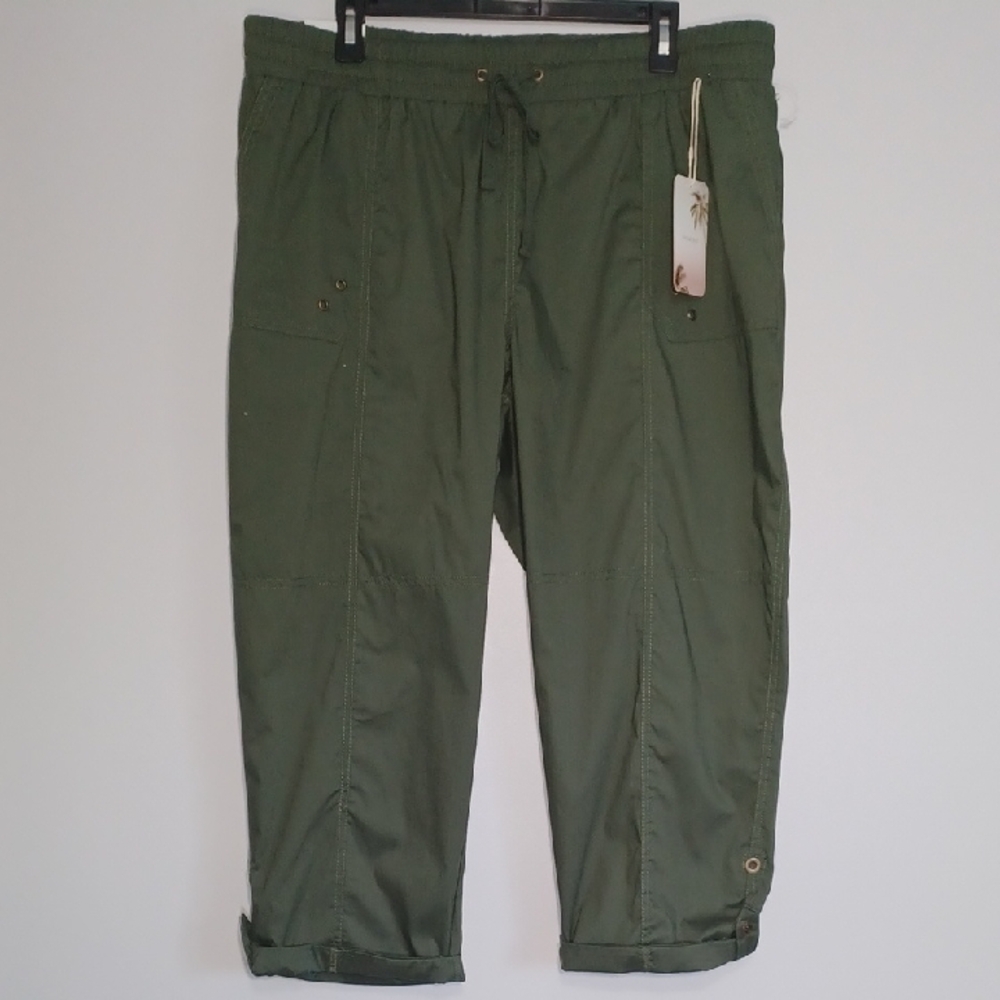 PALM RIO Casual Green Pants elastic waist Drawstring & Cuffed  Size XL.  NWT